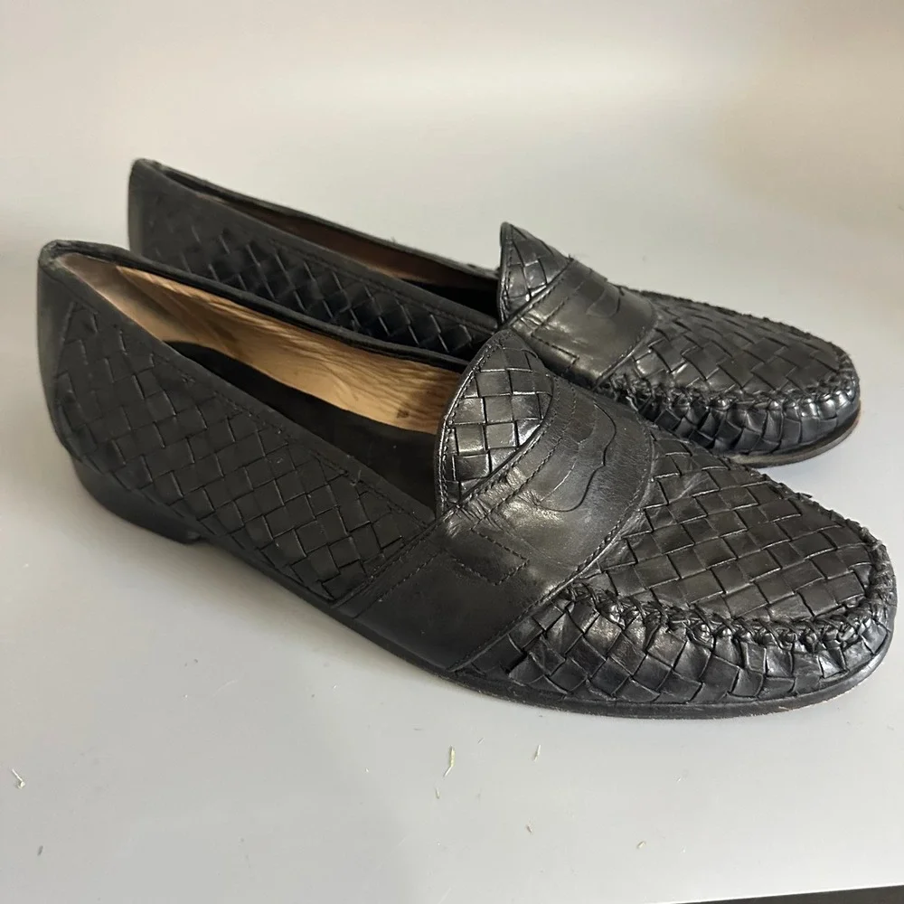 Cole Haan City Mens Woven Leather Penny Loafers Black Vintage Size 13 Shoes